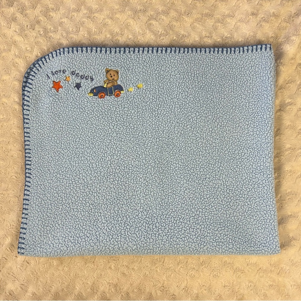 Baby Connection I Love Daddy Blue Baby Blanket Bear in Car Orange Stars Stitched